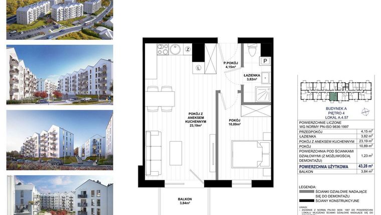 Rzut - Mieszkanie na sprzedaż 2 pokoje o powierzchni 43,28 m² - numer A.4.57 w Skandinavia