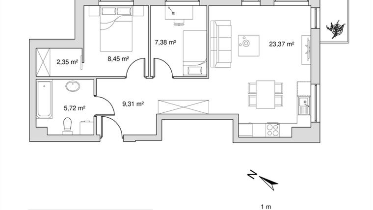 Rzut - Mieszkanie na sprzedaż 3 pokoje o powierzchni 56,58 m² - numer 6.2 w Vela Park bud. 6