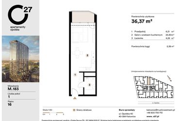 Rzut - Mieszkanie na sprzedaż 1 pokój o powierzchni 36,37 m² - numer M.183 w O27 Apartamenty Opolska