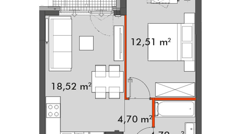 Rzut - Mieszkanie na sprzedaż 2 pokoje o powierzchni 40,52 m² - numer F1.A.02.02 w Splot Wola