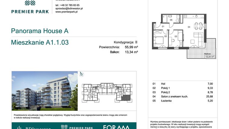 Rzut - Mieszkanie na sprzedaż 3 pokoje o powierzchni 55,99 m² - numer A1.1.03 w Premier Park II