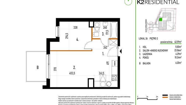 Rzut - Mieszkanie na sprzedaż 2 pokoje o powierzchni 42,59 m² - numer 26 w Kowalskiego 37