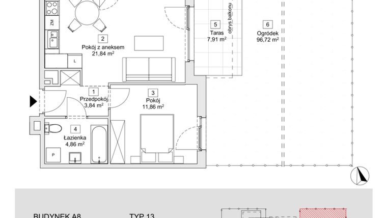 Rzut - Mieszkanie na sprzedaż 2 pokoje o powierzchni 42,4 m² - numer A8.0.1 w Zacisze Marcelin IIIa
