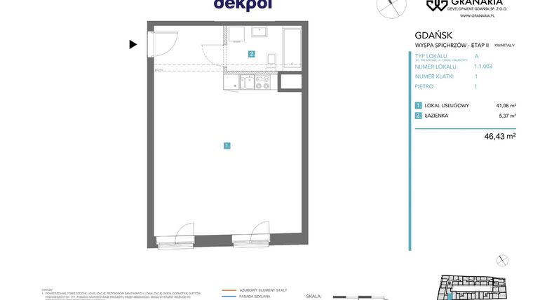 Rzut - Mieszkanie na sprzedaż 1 pokój o powierzchni 46,43 m² - numer 1.1.003 w Granaria