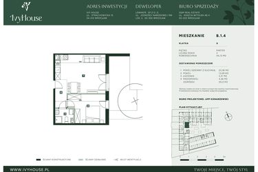 Rzut - Mieszkanie na sprzedaż 2 pokoje o powierzchni 44,13 m² - numer B.1.4 w IVY HOUSE
