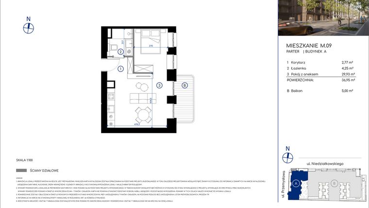 Rzut - Mieszkanie na sprzedaż 1 pokój o powierzchni 36,95 m² - numer M.09 w Niedziałkowskiego Park