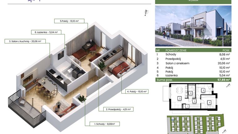 Rzut - Mieszkanie na sprzedaż 3 pokoje o powierzchni 57,89 m² - numer 2A w Rumia Osiedle Zielone Zacisze