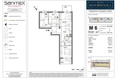 Rzut - Mieszkanie na sprzedaż 4 pokoje o powierzchni 70,91 m² - numer 6 w Nowa Reformacka
