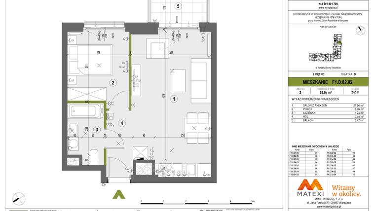 Rzut - Mieszkanie na sprzedaż 2 pokoje o powierzchni 39,01 m² - numer F1.D.02.02 w XYZ Place
