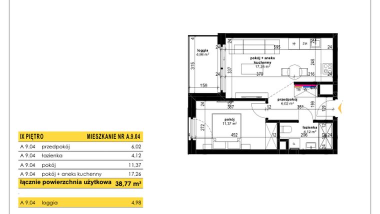 Rzut - Mieszkanie na sprzedaż 2 pokoje o powierzchni 38,77 m² - numer A 9.04 w Park Moniuszki II C