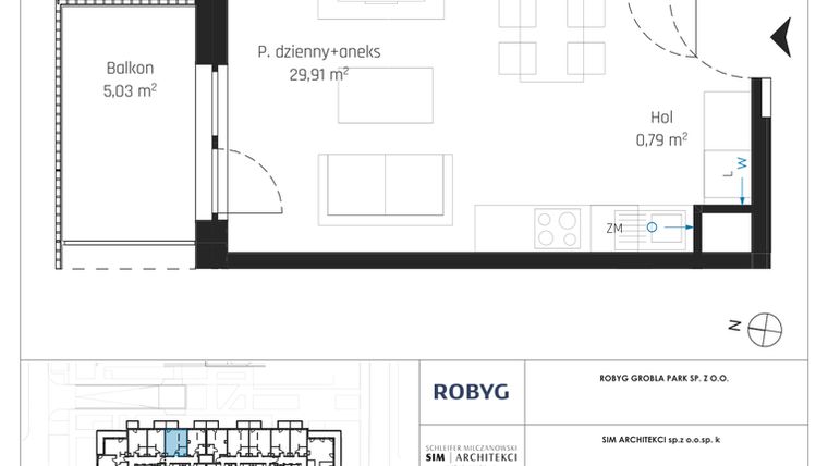 Rzut - Mieszkanie na sprzedaż 1 pokój o powierzchni 34,77 m² - numer J.2M14 w Nadmotławie Apartments etap J