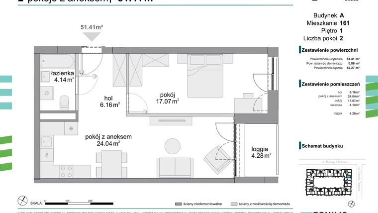 Rzut - Mieszkanie na sprzedaż 2 pokoje o powierzchni 51,41 m² - numer 161 w Osiedle Fokus Ursus