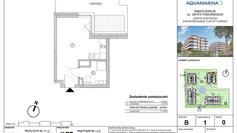 Rzut - Mieszkanie na sprzedaż 1 pokój o powierzchni 24,35 m² - numer B1.06 w Aquamarina 3