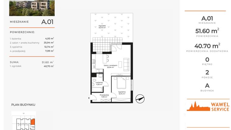Rzut - Mieszkanie na sprzedaż 2 pokoje o powierzchni 51,6 m² - numer A.01 w Nowa Namiarkowa