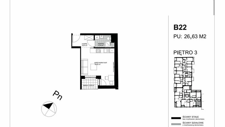 Rzut - Mieszkanie na sprzedaż 1 pokój o powierzchni 26,63 m² - numer B22 w Apartamenty Kopernika - etap II