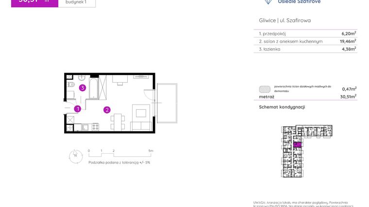 Rzut - Mieszkanie na sprzedaż 1 pokój o powierzchni 30,51 m² - numer 1.A.3.02 w Murapol Osiedle Szafirove II