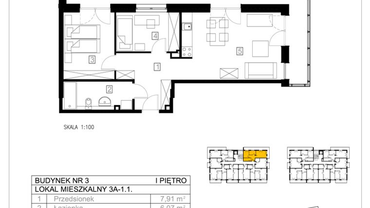 Rzut - Mieszkanie na sprzedaż 3 pokoje o powierzchni 54,4 m² - numer 3A-1.1 w Gardenia Pogodno