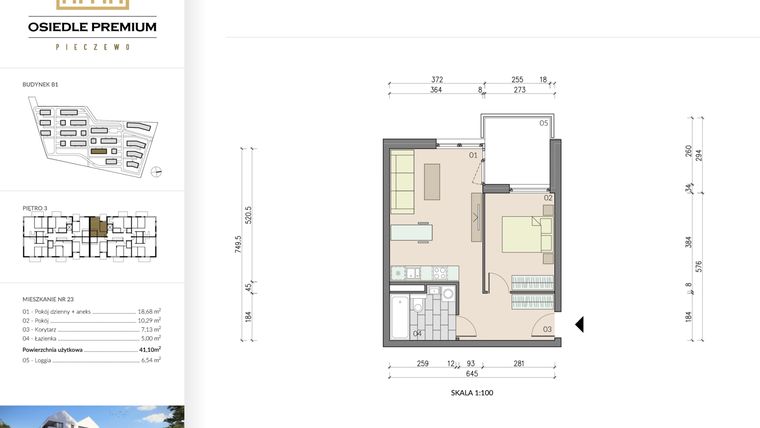 Rzut - Mieszkanie na sprzedaż 2 pokoje o powierzchni 41,1 m² - numer B1.23 w Osiedle Premium etap IV