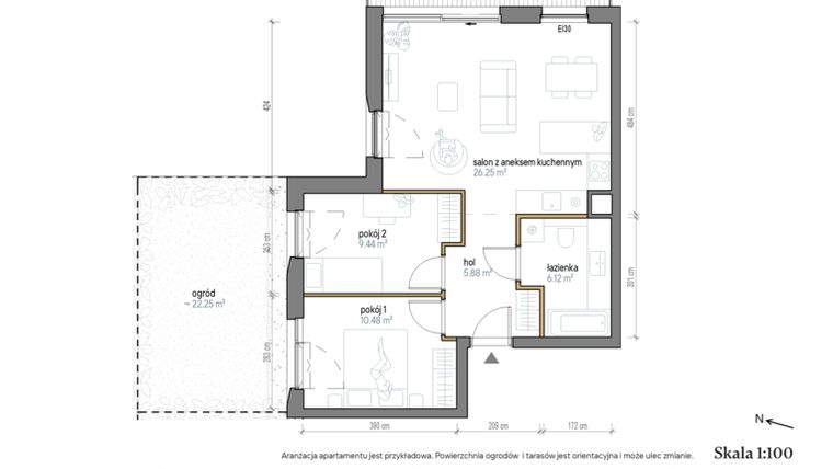 Rzut - Mieszkanie na sprzedaż 3 pokoje o powierzchni 58,17 m² - numer B/0/2 w Kopernika 71