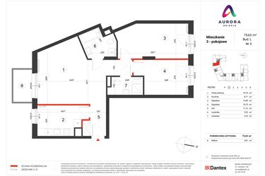 Rzut - Mieszkanie na sprzedaż 3 pokoje o powierzchni 73,63 m² - numer L-3 w Osiedle Aurora - bud. L