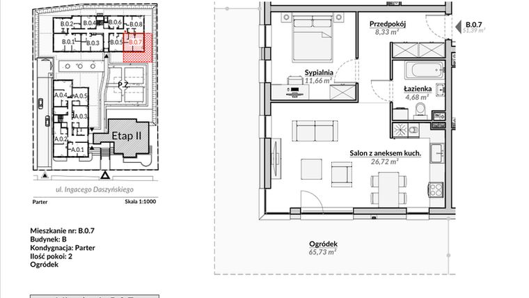 Rzut - Mieszkanie na sprzedaż 2 pokoje o powierzchni 51,39 m² - numer B.0.7 w Nowa Fregata