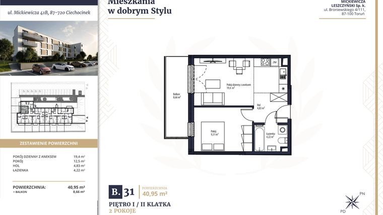 Rzut - Mieszkanie na sprzedaż 2 pokoje o powierzchni 40,95 m² - numer B31 w Mickiewicza