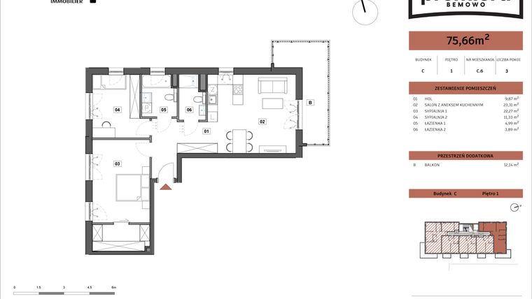 Rzut - Mieszkanie na sprzedaż 3 pokoje o powierzchni 75,66 m² - numer C.06 w Premiera Bemowo