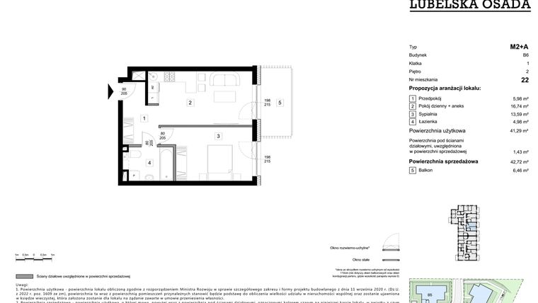 Rzut - Mieszkanie na sprzedaż 2 pokoje o powierzchni 42,72 m² - numer B6.22 w Lubelska Osada budynek B6