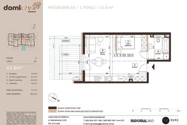 Rzut - Mieszkanie na sprzedaż 1 pokój o powierzchni 41,5 m² - numer B3 w Domkove Widzew