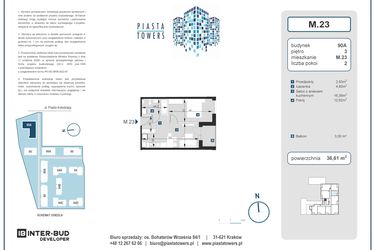Rzut - Mieszkanie na sprzedaż 2 pokoje o powierzchni 36,61 m² - numer 23 w Piasta Towers bud. 90A