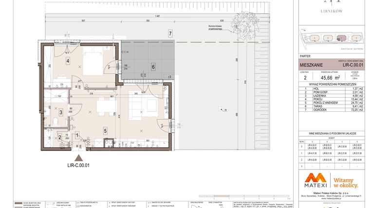 Rzut - Mieszkanie na sprzedaż 2 pokoje o powierzchni 45,66 m² - numer C.00.01 w Takt Lirników