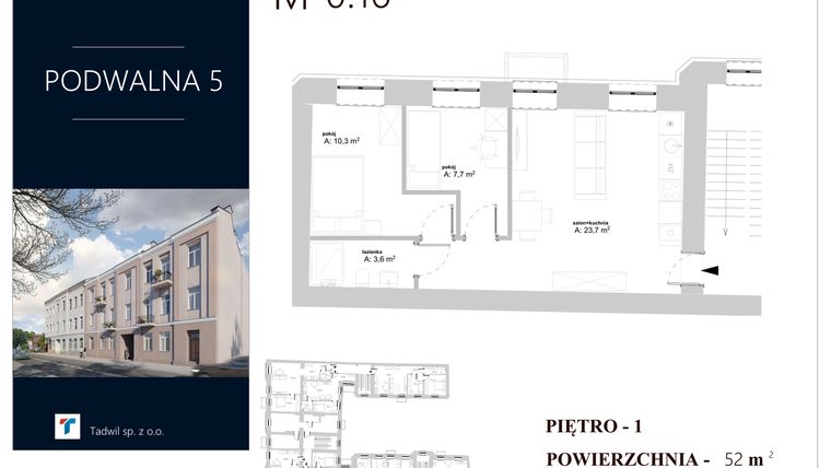 Rzut - Mieszkanie na sprzedaż 3 pokoje o powierzchni 52 m² - numer M 0.16 w Podwalna 5