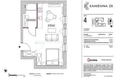 Rzut - Mieszkanie na sprzedaż 1 pokój o powierzchni 37,39 m² - numer 4.4 w Kamienna 28 - apartamenty inwestycyjne