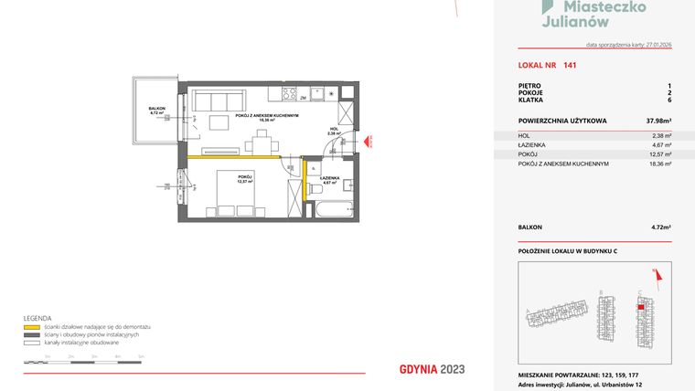 Rzut - Mieszkanie na sprzedaż 2 pokoje o powierzchni 37,83 m² - numer 141 w Miasteczko Julianów