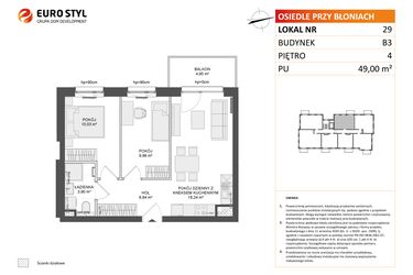 Rzut - Mieszkanie na sprzedaż 3 pokoje o powierzchni 49 m² - numer B3.29 w Osiedle Przy Błoniach 3 etap III