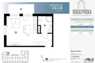 Rzut - Mieszkanie na sprzedaż 1 pokój o powierzchni 30,28 m² - numer C2.1.16 w Bogatyńska Apartamenty etap 3