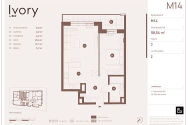 Rzut - Mieszkanie na sprzedaż 2 pokoje o powierzchni 50,54 m² - numer M14 w Ivory