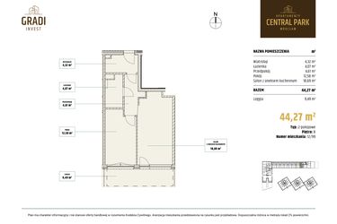 Rzut - Mieszkanie na sprzedaż 2 pokoje o powierzchni 44,27 m² - numer 12.99 w Apartamenty Central Park Wrocław