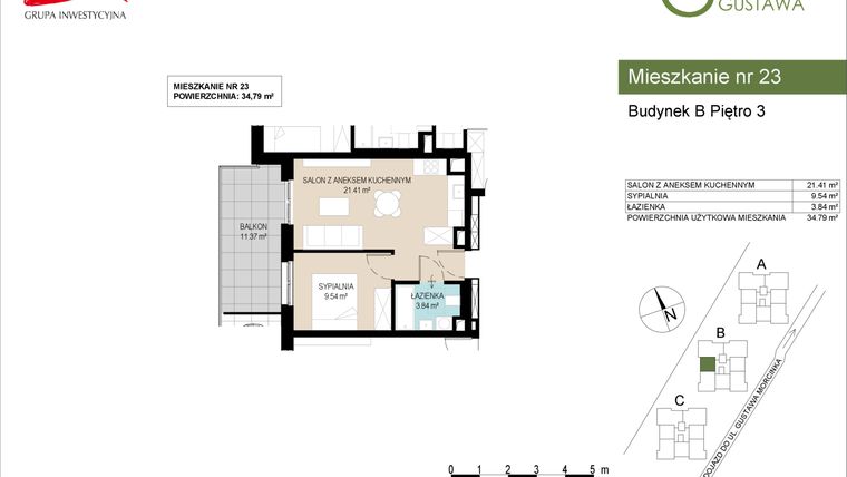 Rzut - Mieszkanie na sprzedaż 2 pokoje o powierzchni 34,79 m² - numer B23 w Wzgórze Gustawa