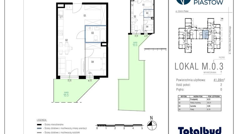 Rzut - Mieszkanie na sprzedaż 2 pokoje o powierzchni 41,09 m² - numer M.0.3 w Viva Piastów