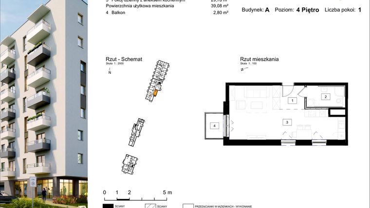 Rzut - Mieszkanie na sprzedaż 1 pokój o powierzchni 39,08 m² - numer A.52 w Osiedle Kochanowskiego - Gliwice