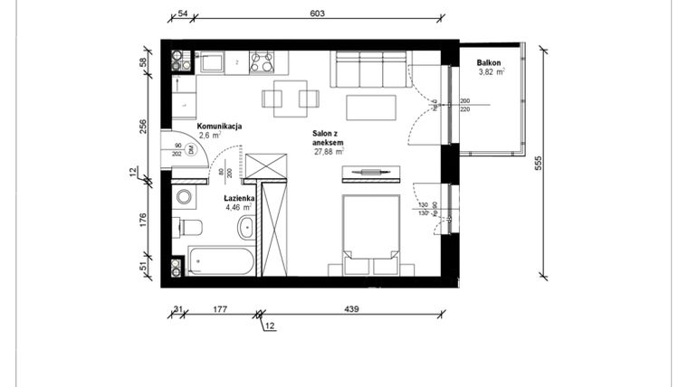 Rzut - Mieszkanie na sprzedaż 1 pokój o powierzchni 35,43 m² - numer B.1.32.1a w ATRIUM