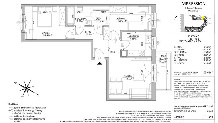 Rzut - Mieszkanie na sprzedaż 3 pokoje o powierzchni 63,42 m² - numer NU3-LM-1C83 w Next Ursus.