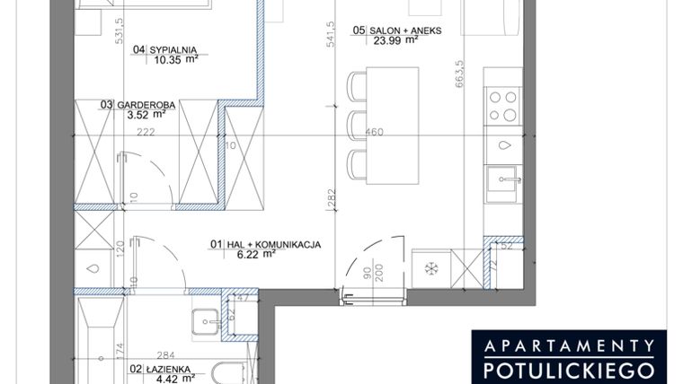 Rzut - Mieszkanie na sprzedaż 2 pokoje o powierzchni 49,54 m² - numer 3.09 w Apartamenty Potulickiego