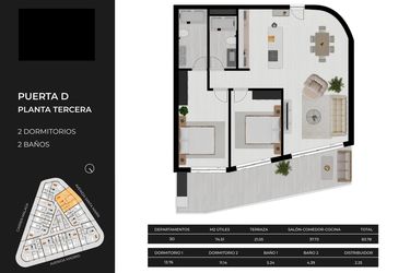 Rzut - Mieszkanie na sprzedaż 2 pokoje o powierzchni 105 m² - numer 3-D w Mieszkania w Calpe - 94000145