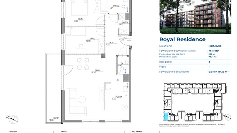 Rzut - Mieszkanie na sprzedaż 3 pokoje o powierzchni 75,93 m² - numer RR/5/B/1/5 w Royal Residence 5
