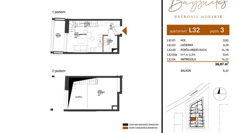 Rzut - Mieszkanie na sprzedaż 2 pokoje o powierzchni 36,07 m² - numer AP.3.32 w Baysuites