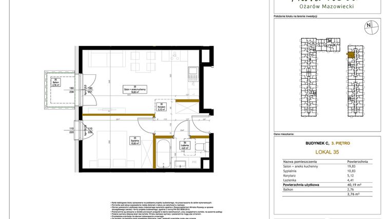 Rzut - Mieszkanie na sprzedaż 2 pokoje o powierzchni 40,73 m² - numer 35 w Aura Nova etap II