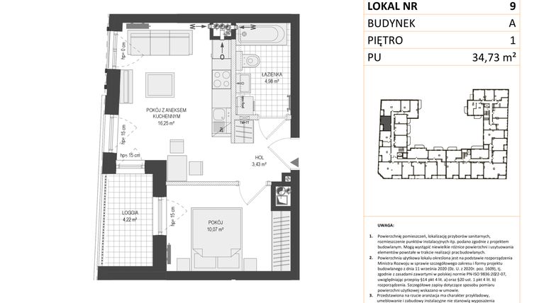 Rzut - Mieszkanie na sprzedaż 2 pokoje o powierzchni 34,73 m² - numer A.9 w Esencja