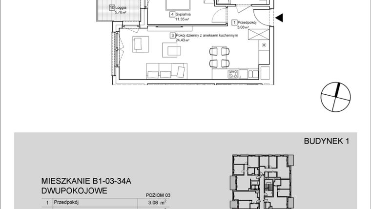 Rzut - Mieszkanie na sprzedaż 2 pokoje o powierzchni 43,79 m² - numer B1-03-34A w Nowa Francuska